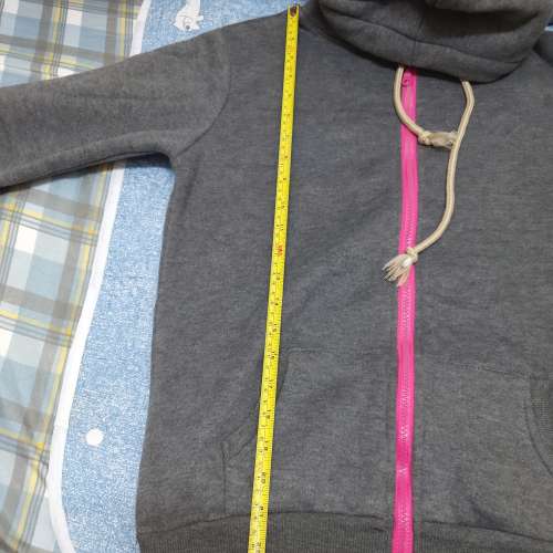 二手灰色粉紅拉鍊衛衣 連帽口袋寬鬆彈力外套 連帽長袖加絨外套 春秋冬開衫外套
