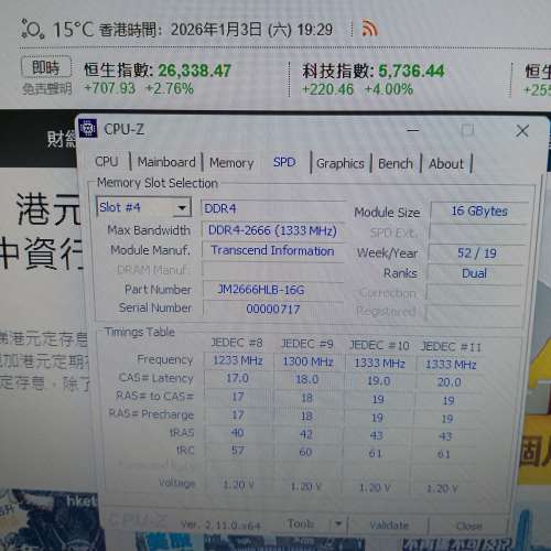 行貨有保TRANSCEND DDR4-2666MHz 16GB x 1 桌上型記憶體 (100% WORK)