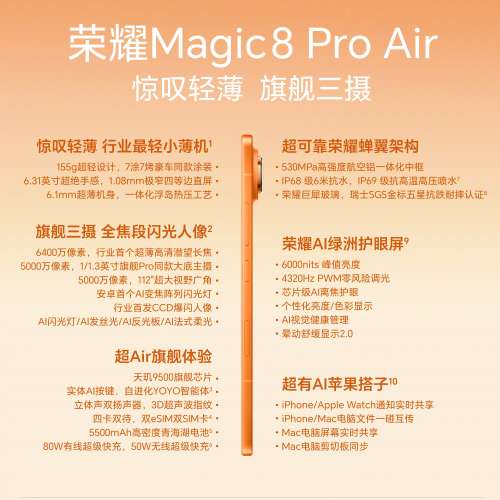 （少量現貨）榮耀 Honor Magic 8 Pro Air 12/16+256/512/1TB 輕至155g 薄至6.1mm ...