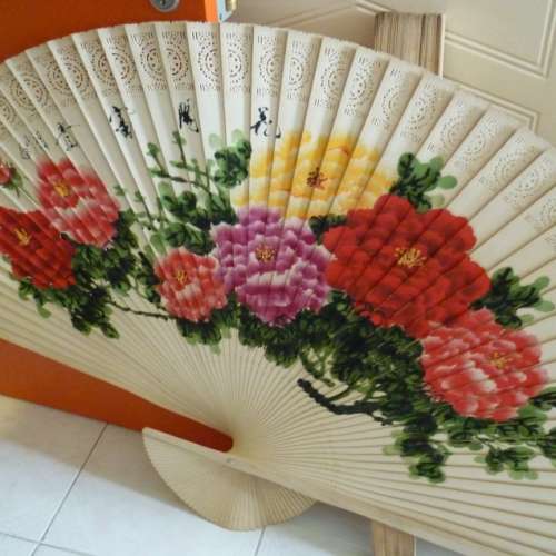 古董掛牆大扇 (牡丹花）