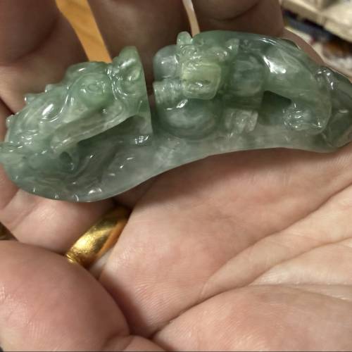 【天然翡翠A貨】冰糯種藍水瑞獸手把件 雙財神獸 龍 貔貅 吉祥如意 緬甸玉立體精雕 ...