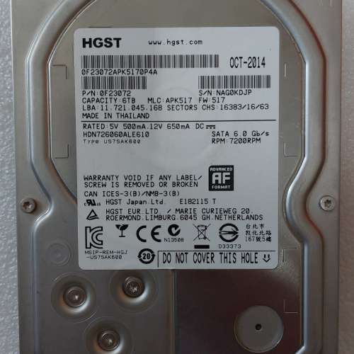 HGST 6TB sata HDD 硬碟