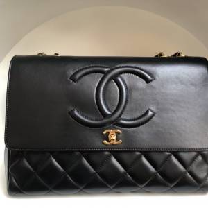 香奈兒 CHANEL A58600 黑色菱格大雙 C 金扣鏈條肩袋
