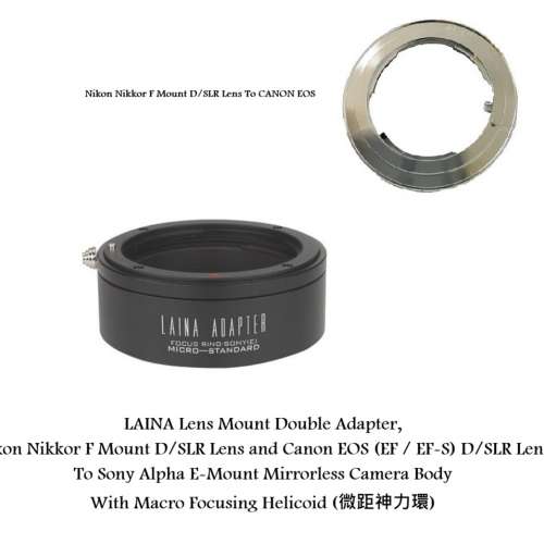 Nikon Nikkor F Mount D/SLR Lens and Canon EOS To Sony Alpha E (微距神力環)