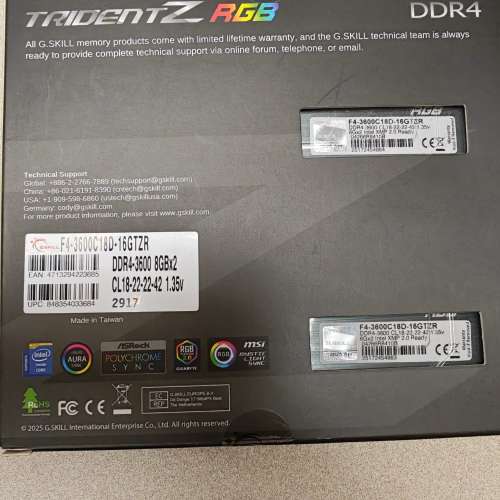 G Skill   DDR4 3600 記憶體 8G x2  total  16G
