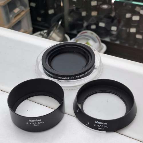 MAMIYA POLARIZING FILTER ZE702 + MOUNT ADAPTER AN701   MAMIYA G 50 150 HOOD