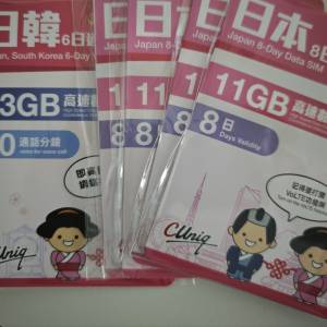 日韓6-8日無限數據卡 $120/3張