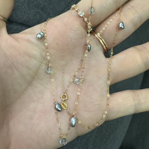18k 金天然大溪地 keshi 海藍寶滿天星頸鏈