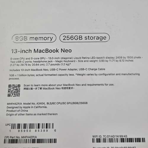 #3044 Apple MacBook Neo 13吋 (2026) (A18 Pro 5-core GPU, 8+256GB SSD) 港版 粉...