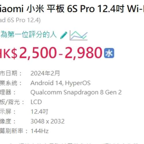 #3058 Xiaomi 小米 平板 6S Pro 12.4吋 Wi-Fi (8+256GB) 綠色 99%新