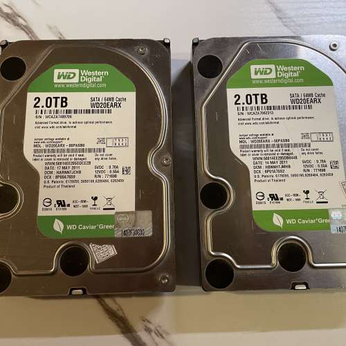 2隻 Western Digital WD Caviar Green 2.0TB HDD WD20EARX X2