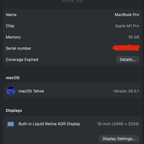 Macbook Pro 16" 2021 M1 Pro 16G 512