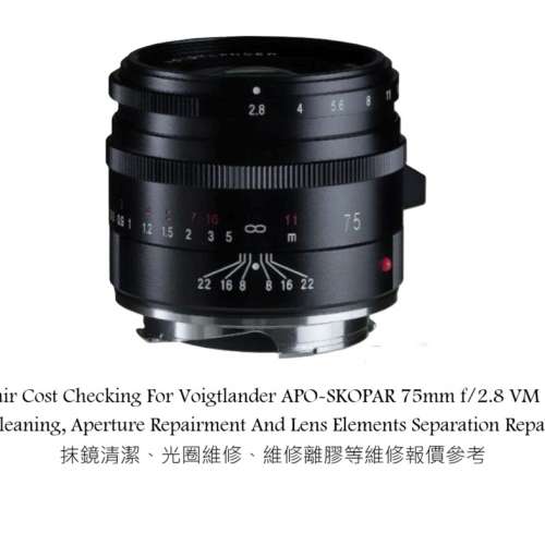 Repair Cost Checking For Voigtlander APO-SKOPAR 75mm f/2.8 VM Lens Cleaning