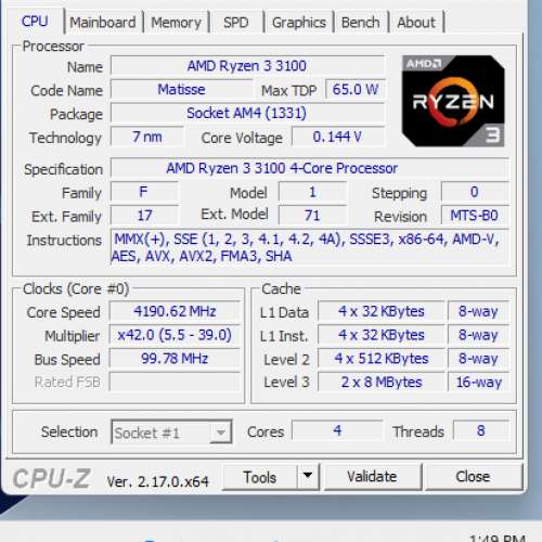 AMD Ryzen 3 3100 Zen2 4核8線 16MB Cache AM4 CPU