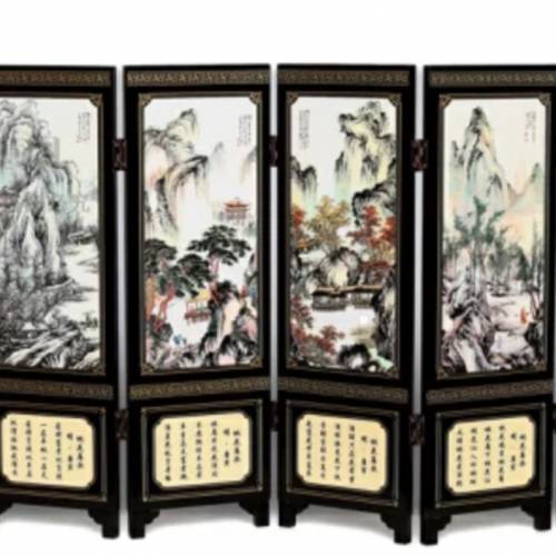 中式漆器台屏 仿古小屏風 桌面擺件工藝品 唐伯虎山水畫 六扇