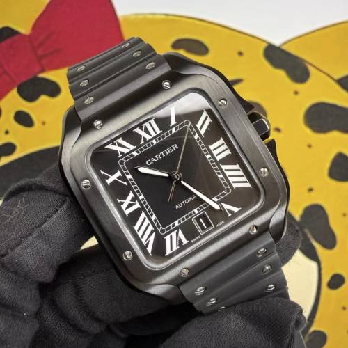 CARTIER 卡地亞 Santos de Cartier 山度士WSSA0037 全黑ADLC碳鍍層 黑面羅馬字橡膠帶