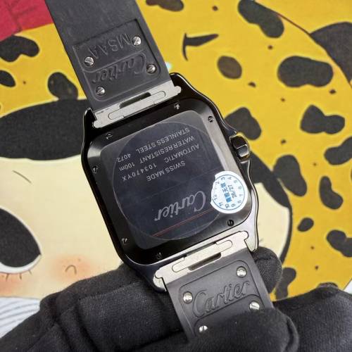 CARTIER 卡地亞 Santos de Cartier 山度士WSSA0037 全黑ADLC碳鍍層 黑面羅馬字橡膠帶