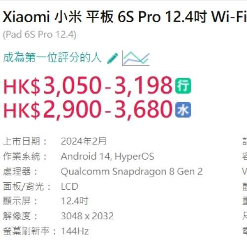 Xiaomi 小米 平板 6S Pro 12.4吋 Wi-Fi CN版 (12+256GB) 黑色 99%新