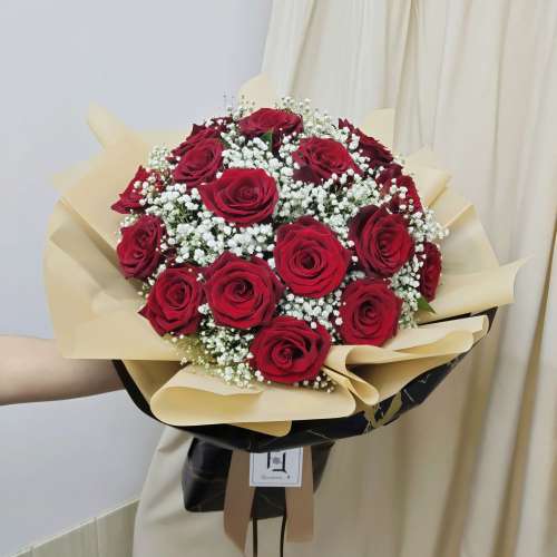 [門市自取][QuadrupleFlower] 💐❤️✨ 強大真愛 | 紅玫瑰白滿天星鮮花花束 情人節...