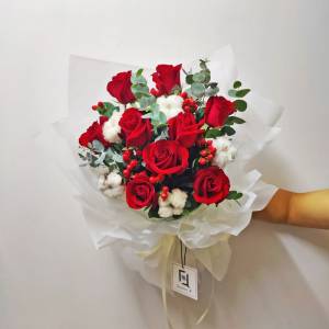 [門市自取][QuadrupleFlower] 💐❤️✨ 完全真愛 | 紅玫瑰棉花鮮花花束 情人節花束...
