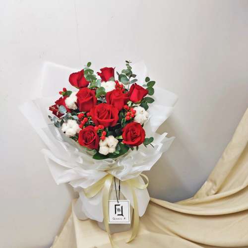 [門市自取][QuadrupleFlower] 💐❤️✨ 完全真愛 | 紅玫瑰棉花鮮花花束 情人節花束...