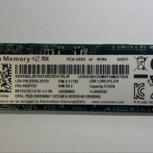 Union Memory 512GB m.2 nvme PCIe 3.0x4 SSD
