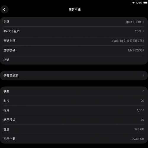 Apple iPad Pro 11吋 (第2代) 128GB 港行 WIFI 灰色