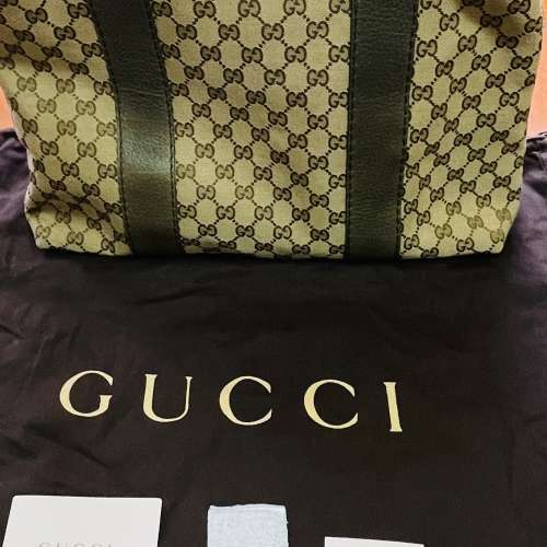 Gucci 竹節裝飾 帆布皮革托特包 編織手把 綠色正品 二手精品