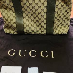 Gucci 竹節裝飾 帆布皮革托特包 編織手把 綠色正品 二手精品