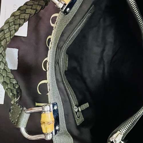 Gucci 竹節裝飾 帆布皮革托特包 編織手把 綠色正品 二手精品