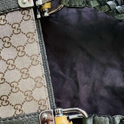 Gucci 竹節裝飾 帆布皮革托特包 編織手把 綠色正品 二手精品