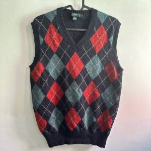 J.Crew Men&rsquo;s 100% Lambswool Navy/Red Sweater V Neck Vest Size L 男裝100%羊毛V...