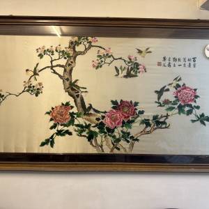 中國牡丹喜鵲刺繡圖連木框