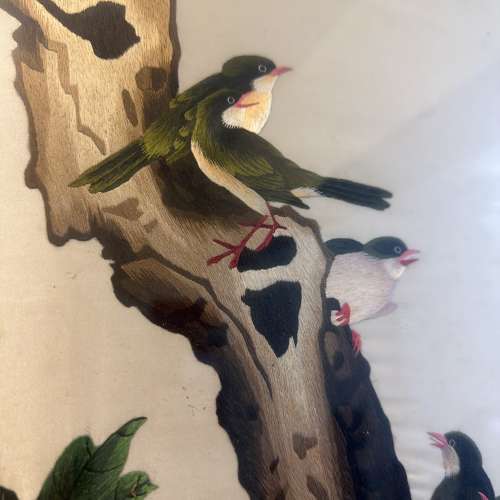 中國牡丹喜鵲刺繡圖連木框