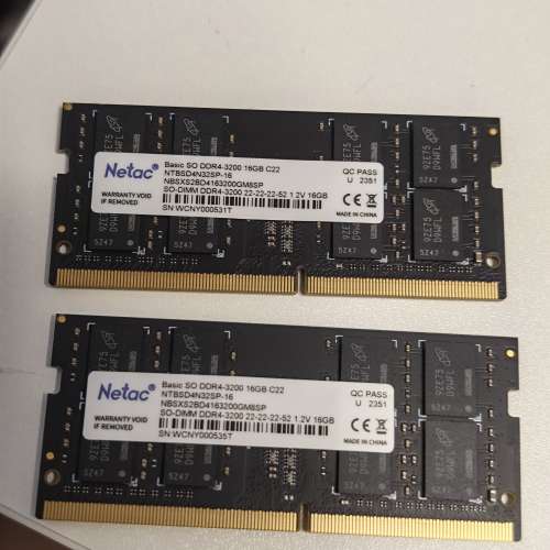（全新，有保養）Netac Notebook RAM DDR4-3200 16GB 2條 (每條750)