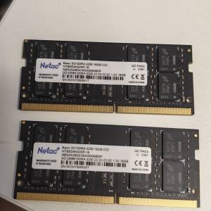（全新，有保養）Netac Notebook RAM DDR4-3200 16GB 2條 (每條750)
