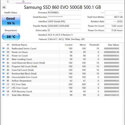 Samsung 860 EVO SATA 2.5吋 SSD 500GB V-NAND 99%健康度