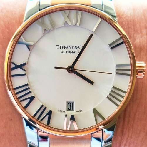 近全新 18K 玫瑰金圈 金鋼帶 帶格足長 Tiffany Atlas Dome 自動機械腕錶 附 原裝外...