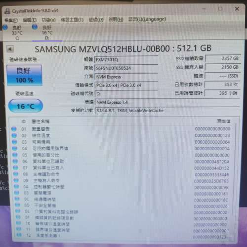 Samsung M.2 SSD 512GB 99%new 價錢可議