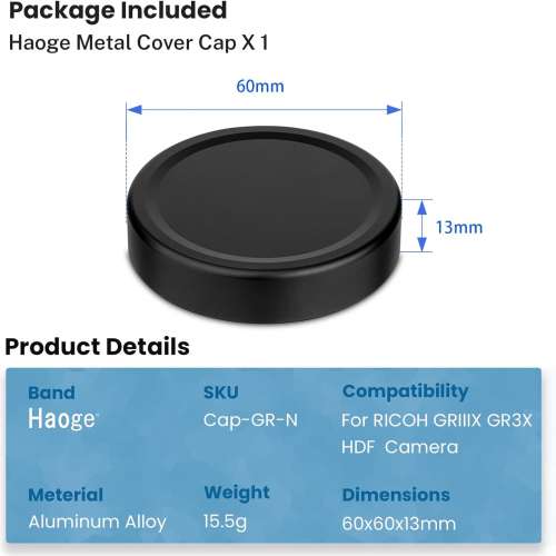 HAOGE Metal Front Lens Cap Cover For GR3 / GR3X 代用鏡頭蓋  (Cap-GR)