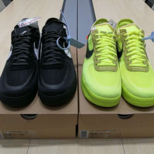 100% New Off-White&trade; x Nike Air Force 1 US 10.5 Black White + Volt