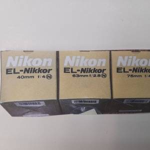 全新Nikon EL-NIKKOR Lens 75mm F4 $1500. 63mm F2.8 $1800. 40mm F4 $2200