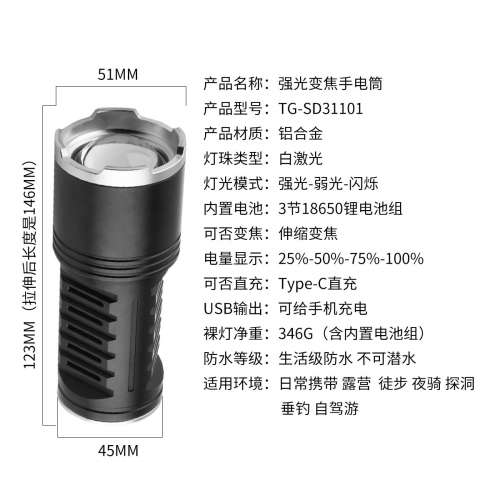 全新 1600流明 高亮手電筒 | 1000米遠射 | Type-C快充 | 伸縮調焦| 香港本地顺丰包邮
