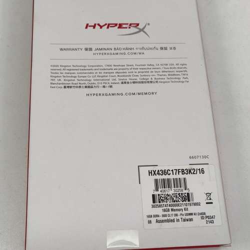 全新 Kingston HyperX Fury DDR4 3600 16GB Kit (2x8GB)
