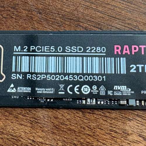 PCIe 5.0 NVMe SSD - MCQUEST RAPTOR 2TB  拆機99新
