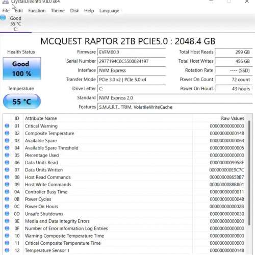 PCIe 5.0 NVMe SSD - MCQUEST RAPTOR 2TB  拆機99新