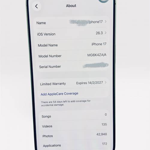 99.9%新，iphone 17, 256gb, white, 行貨有保養