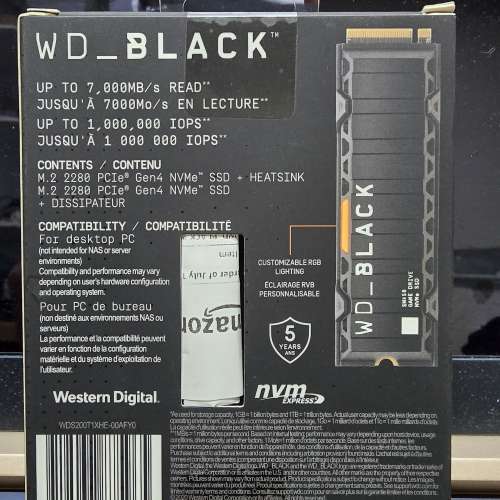 全新未開盒 2TB WD Black SN850 m.2 NVMe SSD 帶散熱片 (Amazon 水貨)