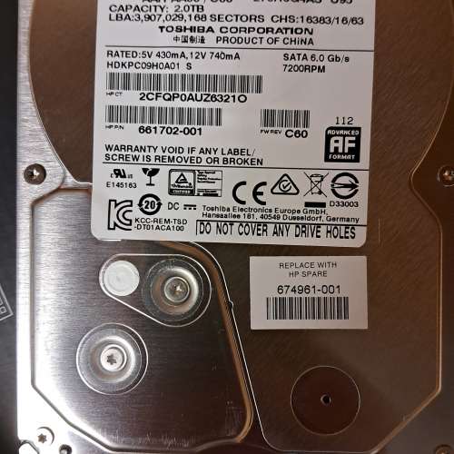 Toshiba 3.5" 3.5吋 2TB SATA Hard Disk 硬碟 DT01ACA200 7200rpm 7200轉