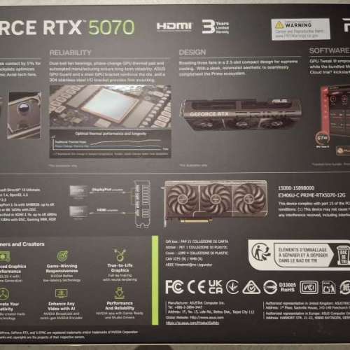 全新未開封ASUS SFF-Ready Prime RTX 5070 12GB GDDR7 Graphics Card 顯示卡